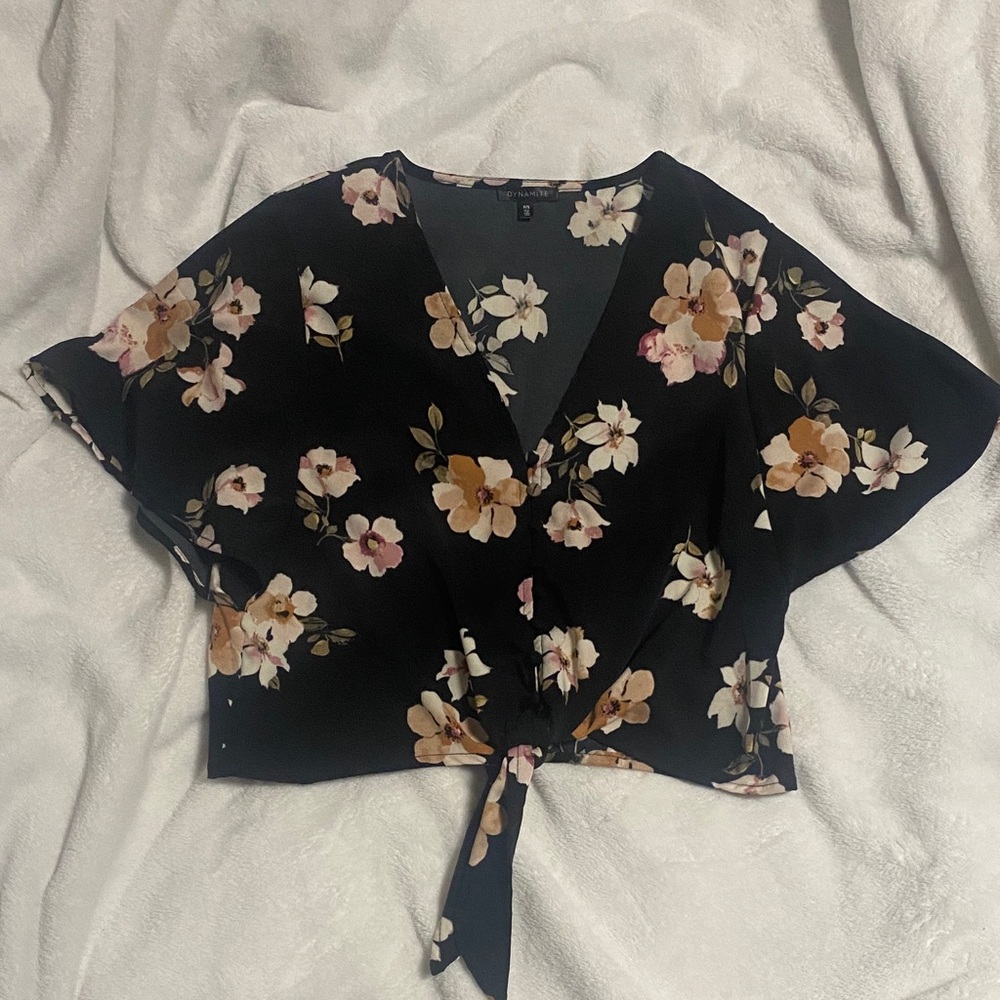 Floral Black Tie-Front Women's Top